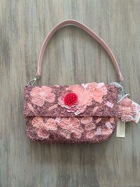 Made in India Pink Beaded Floral Applique Shoulder Bag